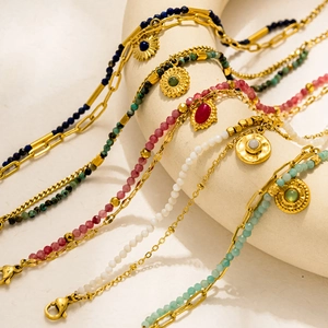 Bohemian Double Layer Bracelet Stainless Steel Natural Stone Beaded Sun Star Pendant Vintage Gold Finish Jewelry For Women
