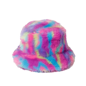 Colorful plush faux fur bucket hat with pastel tie-dye gradient design for winter fashion