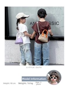 Children's stylish mini crossbody bags in purple and color-block canvas shown on models