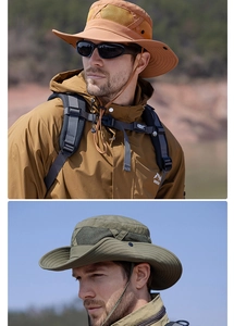 Détail du tissu en maille respirant et du cordon coupe-vent sur le chapeau de soleil