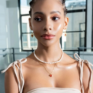 18k gold plated stainless steel heart necklace with red agate pendant and pearl chain