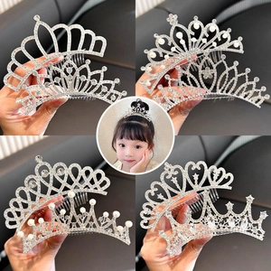 Kids silver crystal tiara hair comb with pearls, multi-style set for girls' hairstyles