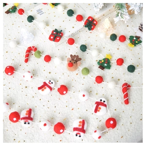 Detail of wool felt Christmas ornaments featuring reindeer and snowman on plush background