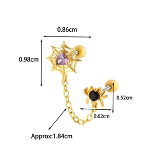 Gold spider web cartilage earring with purple heart stone and size measurements