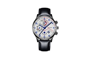 Detail of MREURIO business watch with three-eye chronograph and black leather strap