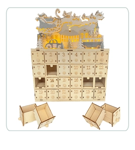 Detail of wooden Christmas advent calendar with 24 numbered drawers and lighted top scene
