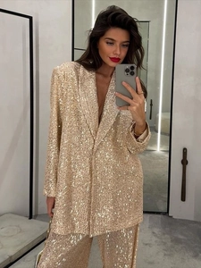 Blazer À Paillettes Et Pantalon Large Tenue Étincelante À Manches Longues Pour Soirée Club Élégant Femmes