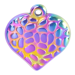 Iridescent heart pendant with hollow honeycomb design and metallic mirror finish