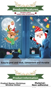 Detailed view of Santa and reindeer window stickers with double-sided UV printing