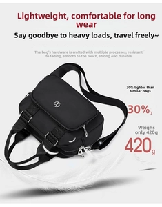 Detail of lightweight black nylon crossbody bag weighing only 420g with multi-zipper pockets