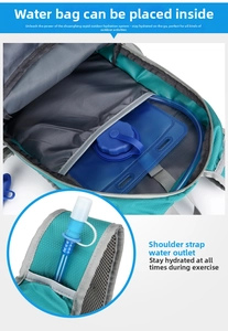 Detail view of the cycling backpack interior with water bladder and shoulder outlet