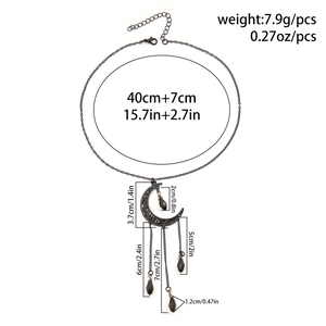Detailed sizing of gothic moon choker with black fringe tassels and crystal drops