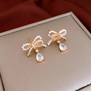 Sweet Bow Imitation Artificial Pearl Earrings With Zircon Teardrop Gold Plated Silver Earring Post Elegant Jewelry For Women