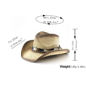 Straw cowboy hat size specs showing 58cm circumference and 7cm brim width with sea shell trim