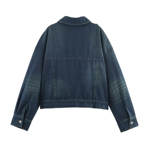 Vue arrière d'une veste classique en jean bleu foncé à manches longues et col à revers