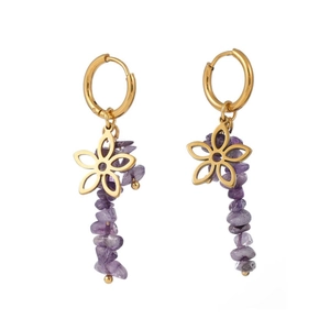 Boucles d'oreilles fleur dorées avec pierres d'améthyste violettes et créoles inox