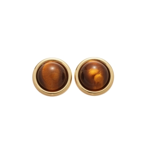 18k gold plated geometric earrings featuring round brown tiger eye stone on white background