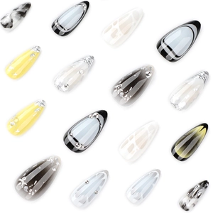 Y2K metallic press on nails stiletto almond shape with yellow and marble designs