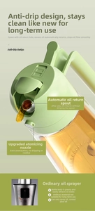 Detail view of the green lid oil dispenser with dual nozzles and anti-drip return hole