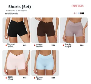 Detail of high-waist V-cut yoga shorts in five colors including black and grey purple