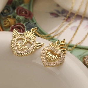Mom Heart Pendant Necklace Copper Gold Plated Zirconia Wing Flame Cross Religious Mother Day Jewelry Gift For Women