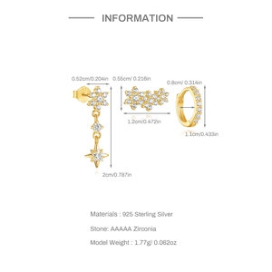 Detailed dimensions of S925 sterling silver heart and star stud earring set with zircons