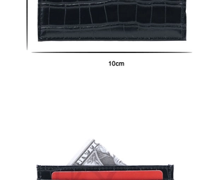 Detail showing dimensions of black crocodile texture card holder with multiple slots