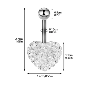 Silver stainless steel butterfly belly button ring with heart crystal and size chart