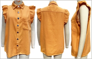 Drei-Wege-Ansicht der orangefarbenen ärmellosen Denim-Weste mit ausgefransten Armlöchern
