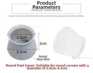 Detailed size specifications for silicone furniture leg protectors in blue and transparent