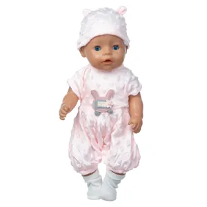 18 inch baby doll in pink polka dot outfit with bunny embroidery and cute ear hat