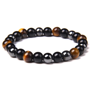 Mens health energy bracelet with yellow tiger eye obsidian and silver hematite beads
