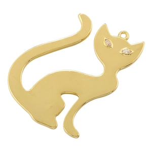 Detailed view of a minimalist golden cat pendant featuring sparkling zircon stone eyes