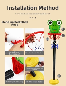 Detailed step-by-step assembly guide for a kids frog-themed standing basketball hoop set