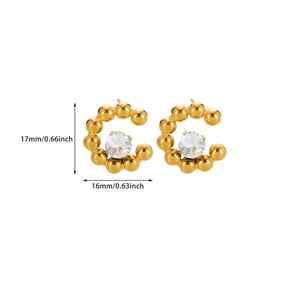 Detailed dimension view of gold flower stud earrings with zircon and dimensions 17x16mm