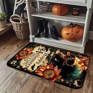 Macro shot of Halloween diatomite mat with skull and sunflowers on a rustic wooden floor