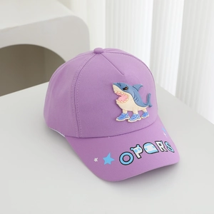 Detail of purple cotton baby baseball cap with cartoon shark patch and OPORS print