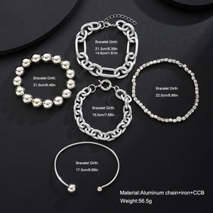 5-piece set of silver layered bracelets with chunky chain and beaded designs for women