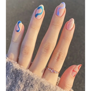 Press On Nails Round Head Abstract Colorful Line French Style Artificial False Nails Digital Print Plastic Manicure DIY