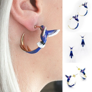 Minimalist hummingbird stud earrings with blue and purple enamel and gold finish