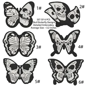 Detailed embroidery texture of black and white skull butterfly iron-on patches 6pcs