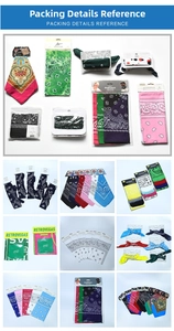 Detailed view of various colorful paisley bandanas with 100% cotton packaging options