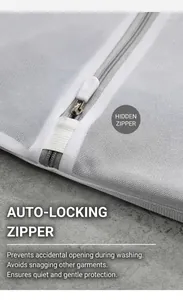 Detail of white laundry bag with gray hidden auto-lock zipper to protect clothes