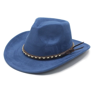 Detail of dark blue faux suede cowboy hat with a brown woven synthetic leather band