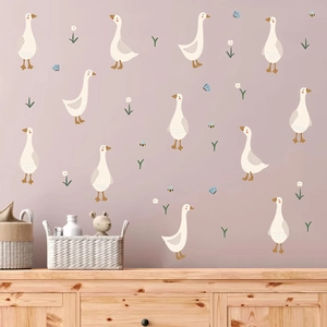 Cute white duck and green leaf PVC self-adhesive wall decals for kids nursery room decor