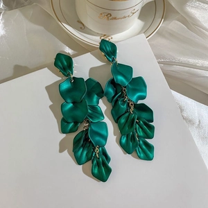 Elegant dark green floral drop earrings with gold chains and layered petals design