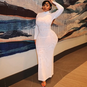 Élégante robe longue blanche moulante à manches longues avec dos nu et texture mesh