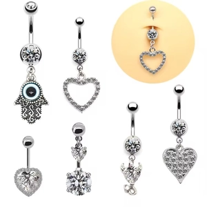 Zircon Belly Rings Heart Shaped Hamsa Hand Evil Eye Devil Tail Silver Tone Alloy Navel Piercing Jewelry For Women