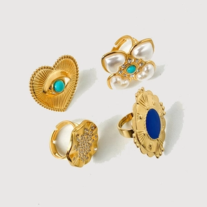 Retro Stainless Steel Open Rings Bohemian Heart Evil Eye Turquoise Faux Artificial Pearl Rhinestone Adjustable Fashion Jewelry For Women