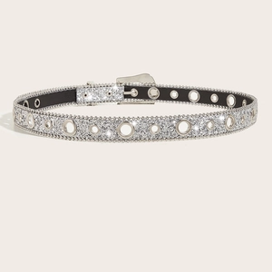 Sparkling silver rhinestone thin belt for women with metal eyelets and classic buckle